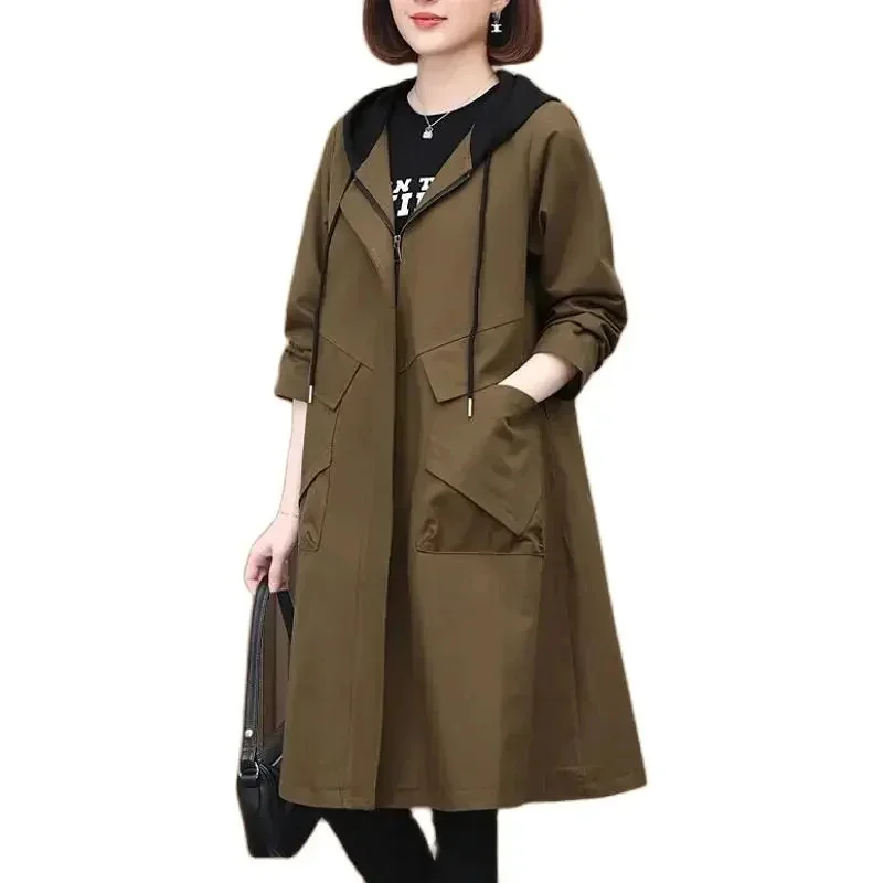 

Spring Autumn Trench Coat Women's 2026 New Korean Loose Hooded Zipper Mid-Long Female Overcoat Windbreaker Lady Tops