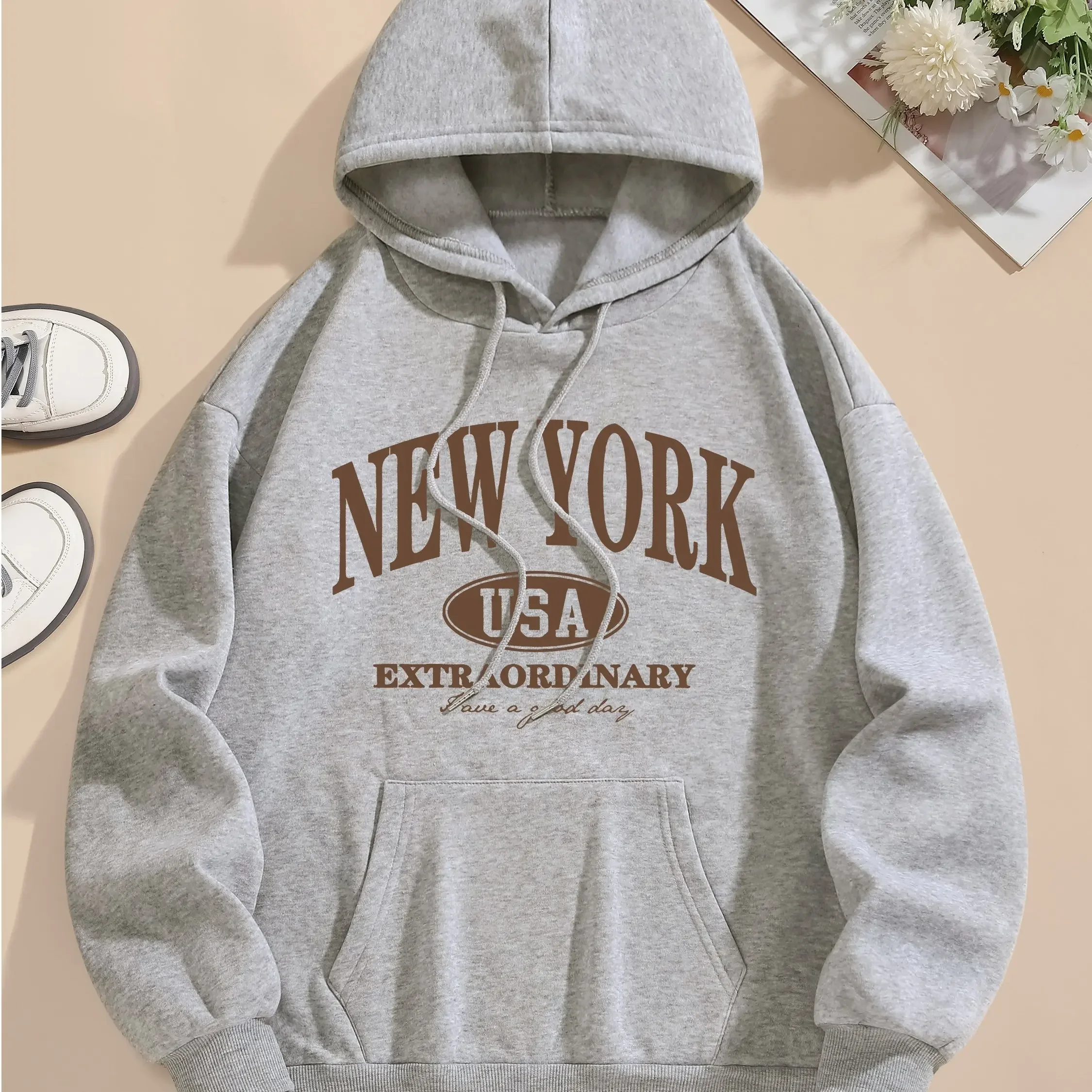 Letter Print Hoodie Drawstring Long Sleeve Casual Hooded Sweatshirt for Women's Oversized Harajuku Pullover Clothing