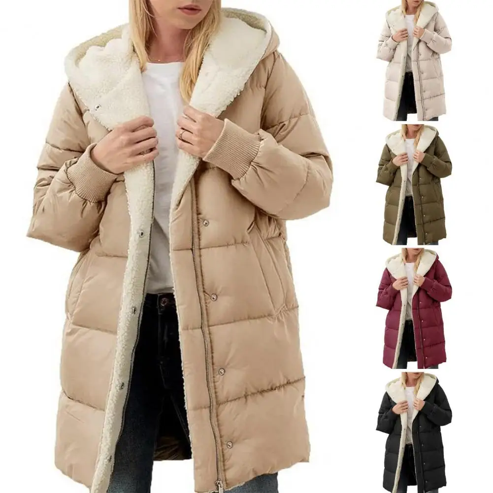 Winter Women Coat Thick Fleece Lining Zipper Closure Hooded Elastic Cuff Pockets Long Sleeves Heat Retention Cardigan Jacket