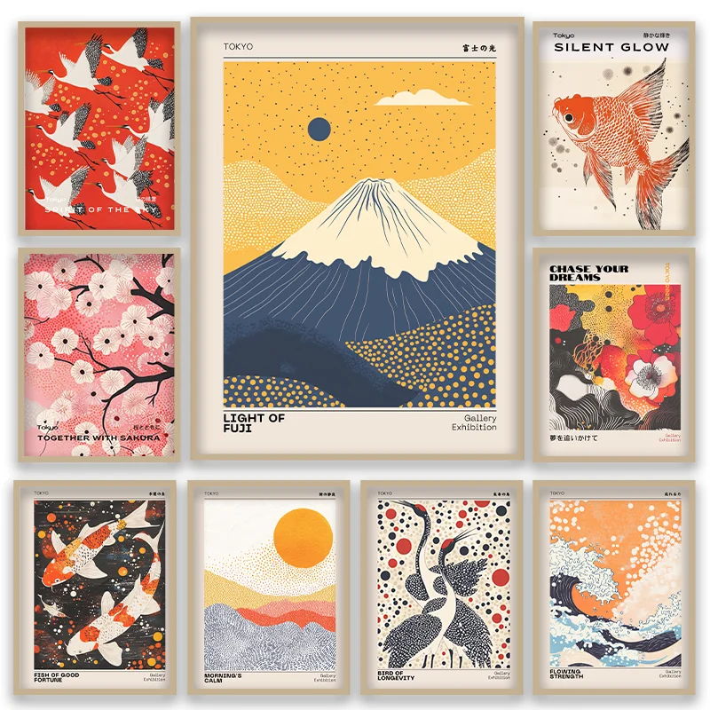 اليابانية Ukiyo-e نمط فوجي جبل الرافعات عناصر زهر الكرز قماش المشارك غرف معيشة الفن استوديو مقهى متجر ديكور Unframe