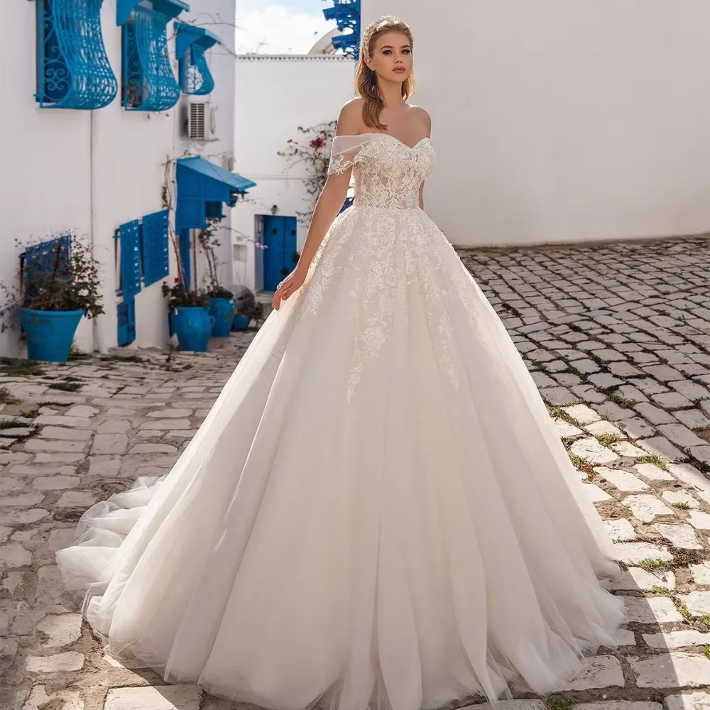 맞춤형 빈티지 레이스 웨딩 드레스 A라인 오프숄더 아플리케 크리스탈 비즈 신부 드레스 여성용 베스티도 데 노이바