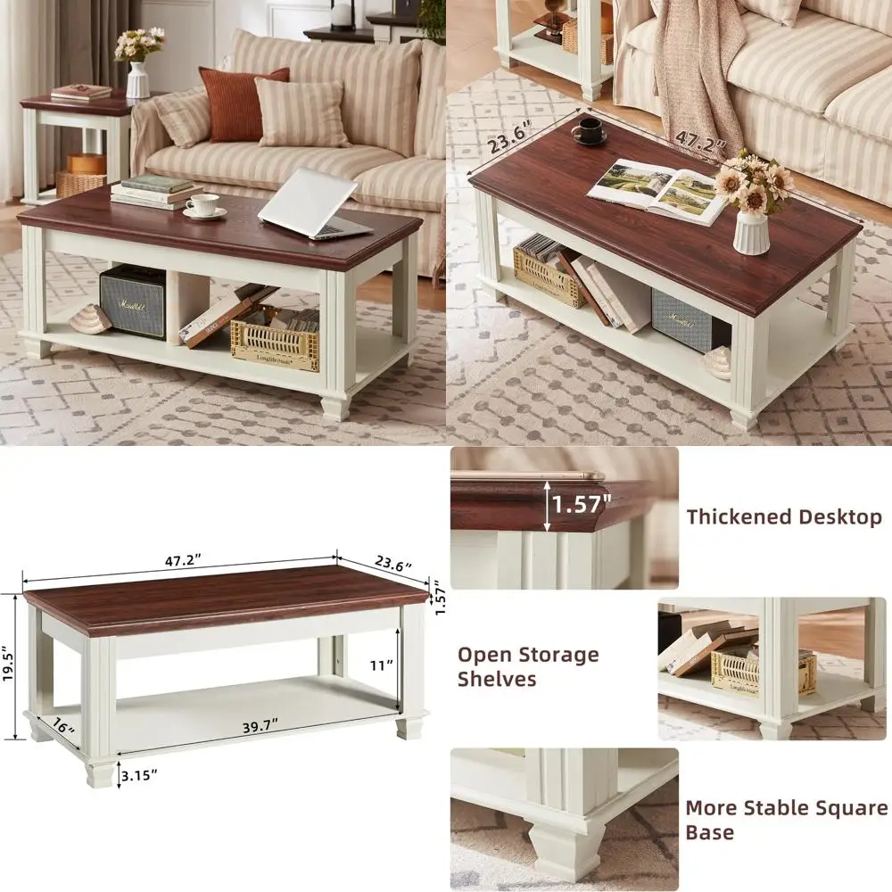 

Rustic Wooden Large Square Coffee Table with Open Storage Shelf for Living Room