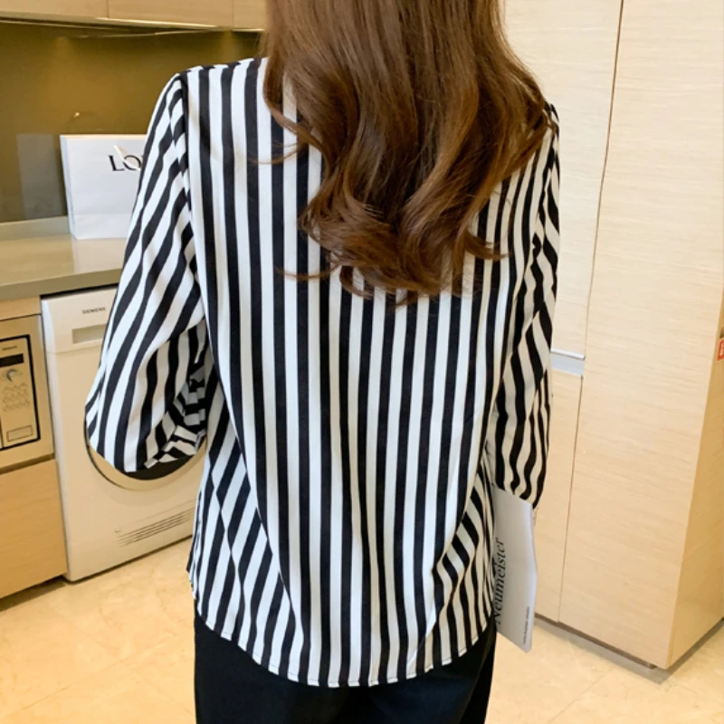 Fashion Women\'s Shirt 2023 Black and White Striped Tops for Women Versatile Polo Neck Clothing Long Sleeve Woman Basic Shirts OL