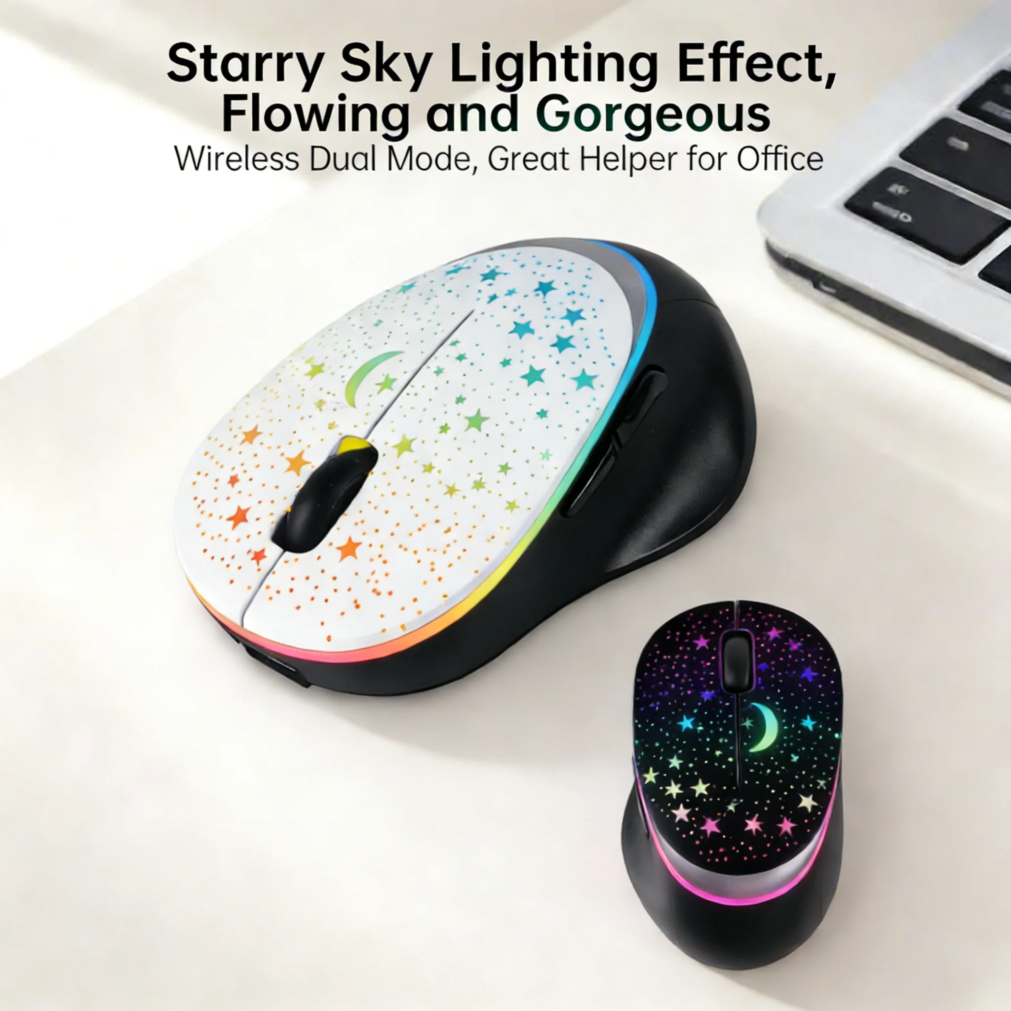 Wireless Mouse Starry Sky Pattern Dual-Mode 2.4G+Bluetooth Rechargeable Ergonomic Dynamic Lighting Plug&Play Mice For PC Laptop