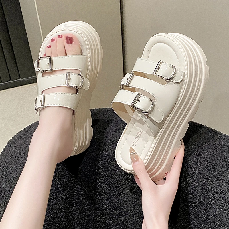 8.5cm Microfiber Synthetic Leather Flats Summer Outside Peep Toe Fashion Women Sandal Slippers Pumps High Platform Wedge Shoes