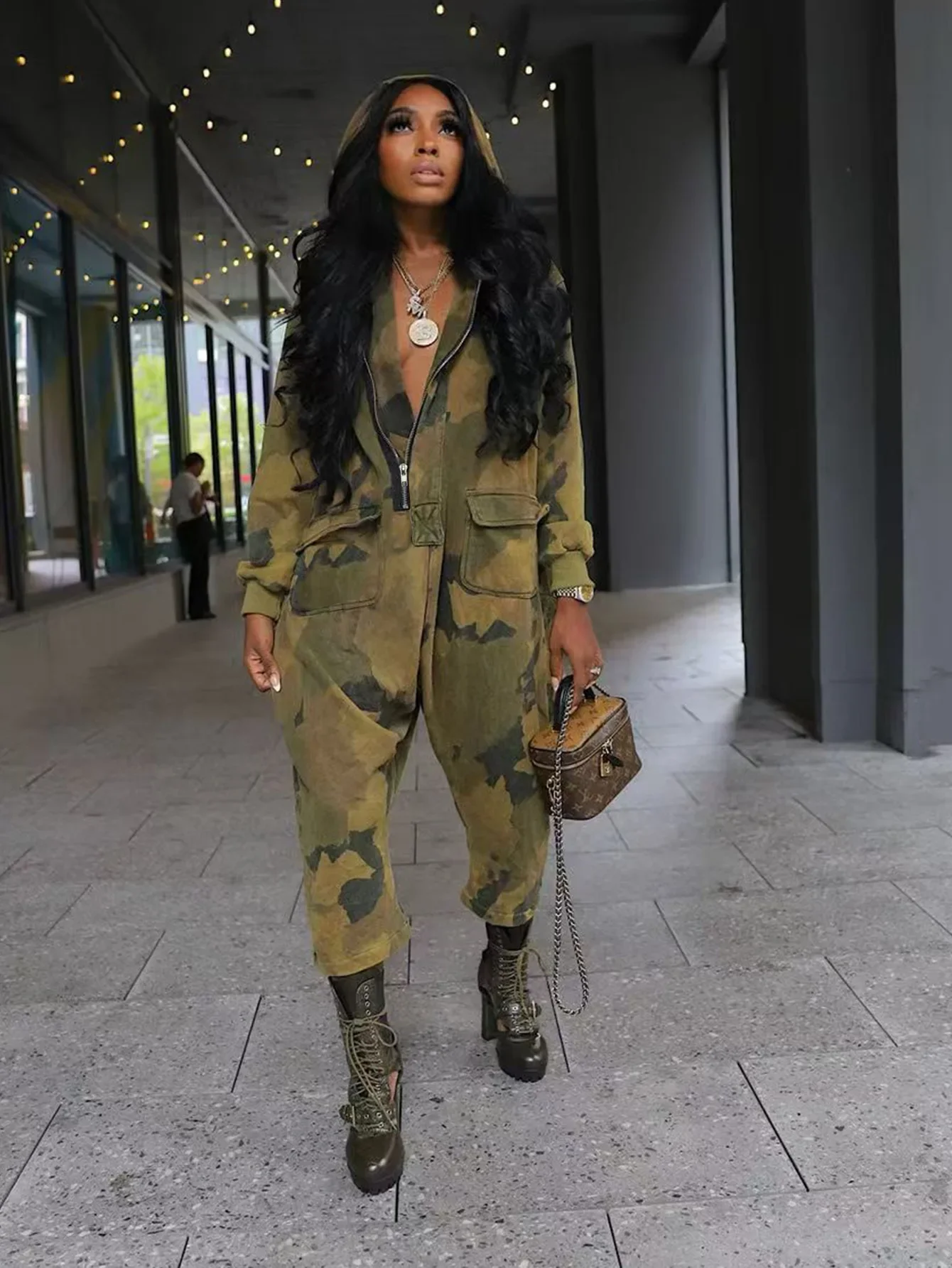 Active Camouflage Print Hooded Jumpsuit for Women 2025 Spring Sexy Club One Piece Overall Loose Cargo Rompers Outfits