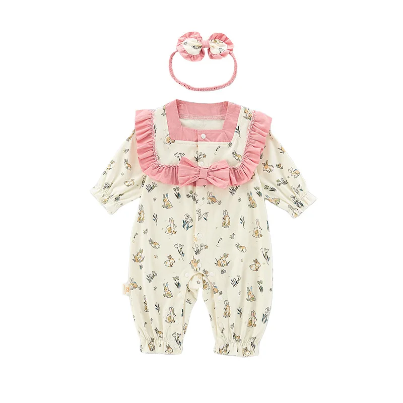 Newborn Girls Romper Spring Autumn New Cartoon Rabbit Print Lace Patched Baby Girls Jumpsuit Squared Collar Infant Girl Bodysuit