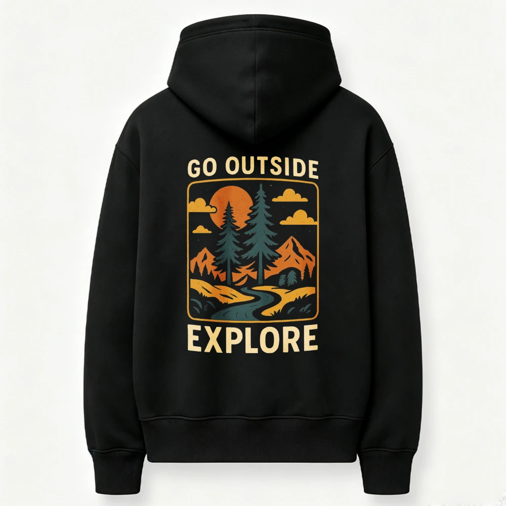 Go Outside Explore Retro Mountain Pine Tree Sunset River Graphic Hoodie Front Print Sweatshirt Vintage Wilderness Hiking Hooded