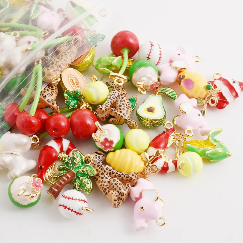 4Pcs Alloy Drip Oil Cute Lobster Cherry Corn Pistachio Coconut Charms Hot Sale Colorful Pendant For Jewelry Making Bulk Necklace
