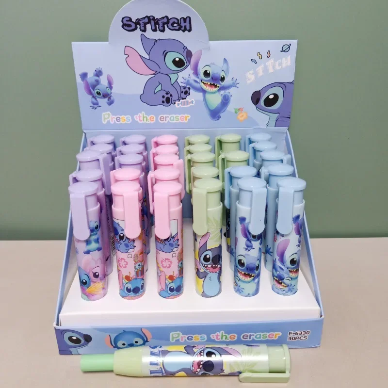 Gomme de dessin animé Disney Stitch pour enfants, gommes à puce de presse en forme de stylo Kawaii, fournitures scolaires pour étudiants, cadeaux créatifs, 2024