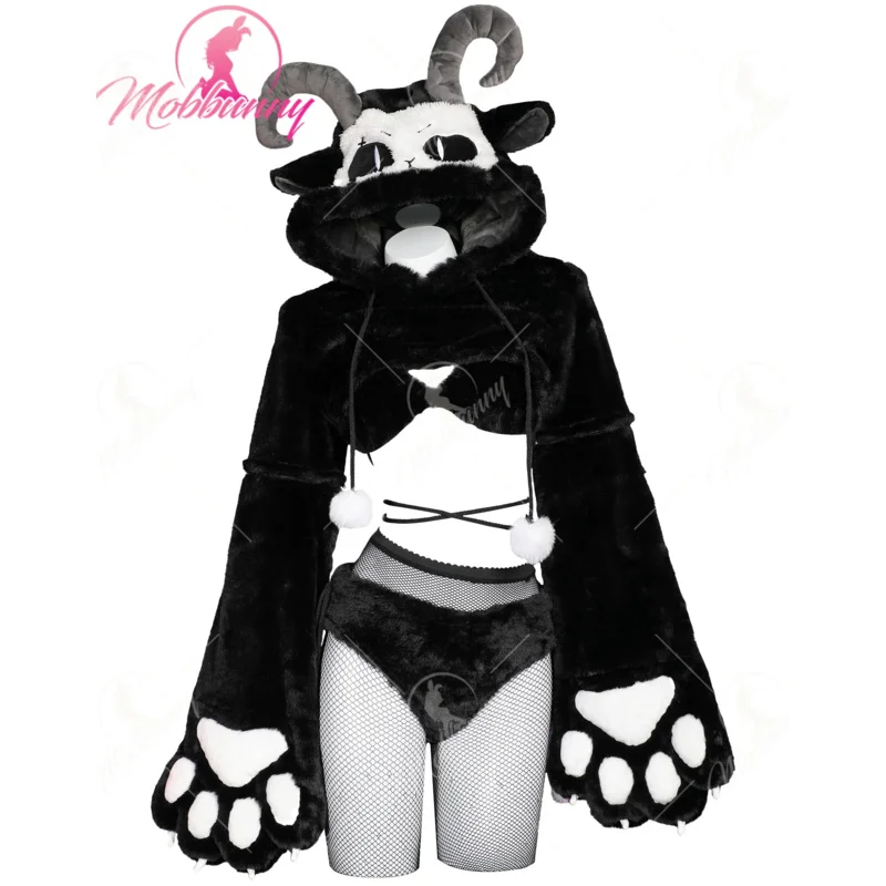 

Mobbunny Women Furry Paw Sexy Lingerie Kawaii Plush Homewear Sheep Style Paw Gloves Hoodie Top and Bra Panty with Stockings