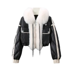 2024 Winter Warm PU Leather Coats Faux Fox Fur Jacket Big Fur Collar Short Jacket Fashion Black Cotton Padded Lady Down Jacket