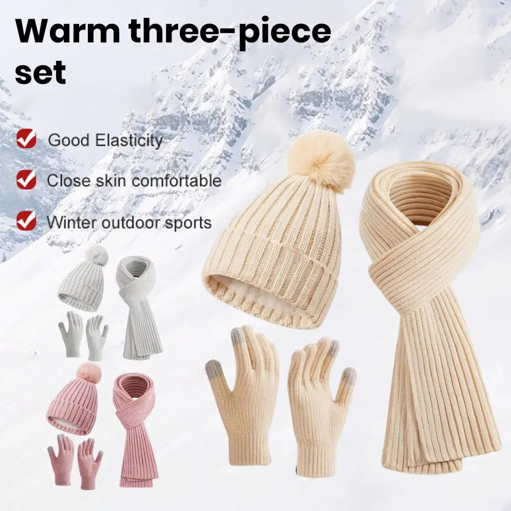 Winter Hat Scarf Gloves Set Unisex Knitted Warm Plush Ball Decor Outdoor Fleece Lined Full Beanie Set