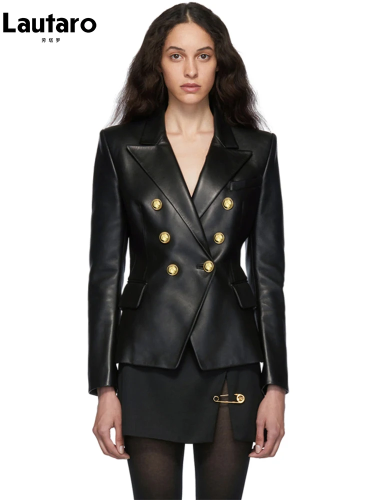 Lautaro Spring Autumn Short Elegant Luxury Pu Leather Blazer Women Long Sleeve Golden Buttons Double Breasted European Fashion