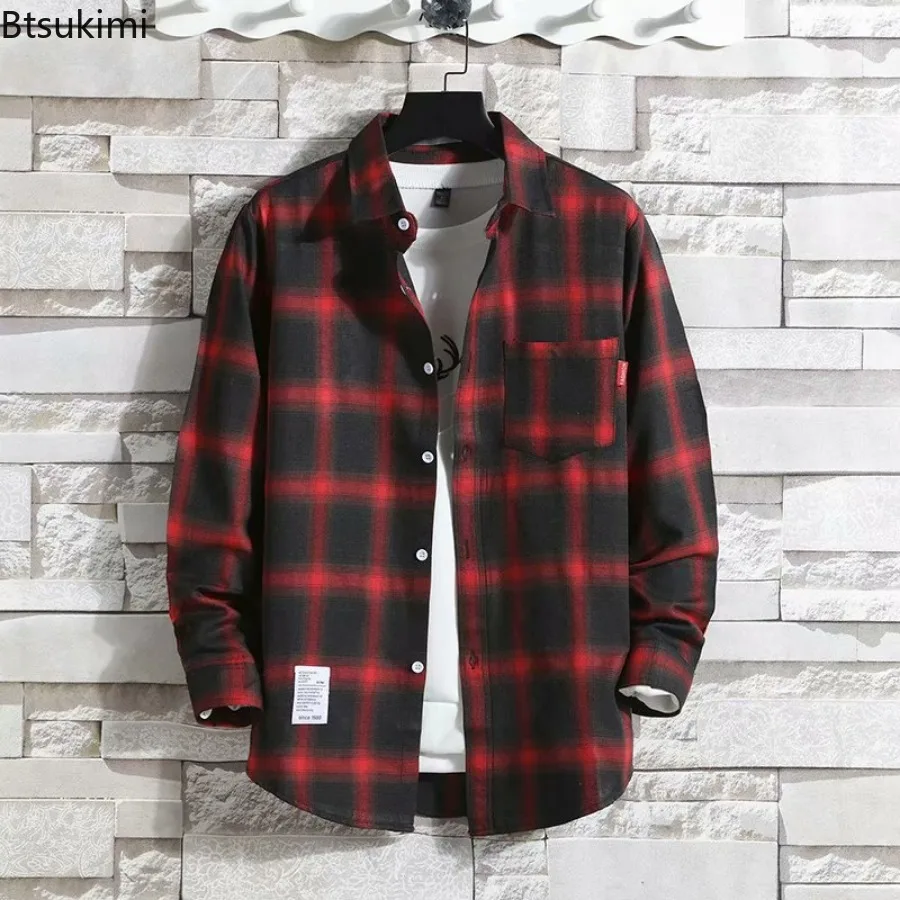 Spring New Korean Style Plaid Shirts Men's Handsome Long-sleeved Loose Casual All-matching Shirt Coats 2026 Trend Men's Clothing