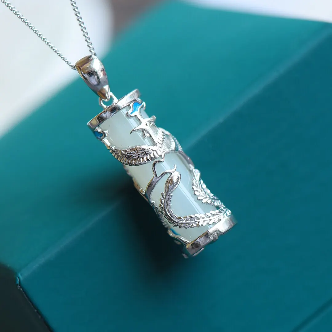 Xinjiang Hetian jade white jade phoenix column women's pendant gift collarbone necklace fashion jade pendant