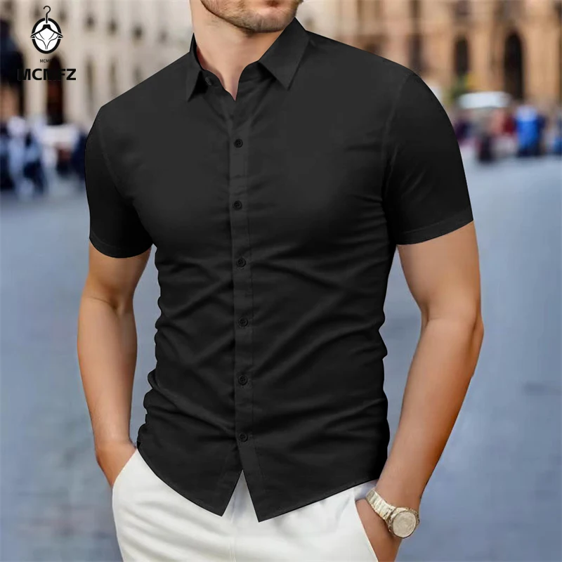 

2025 Men's Business Casual Solid Color Short Sleeve Shirt Summer Fashion No Ironing Comfortable Versatile Top for Men