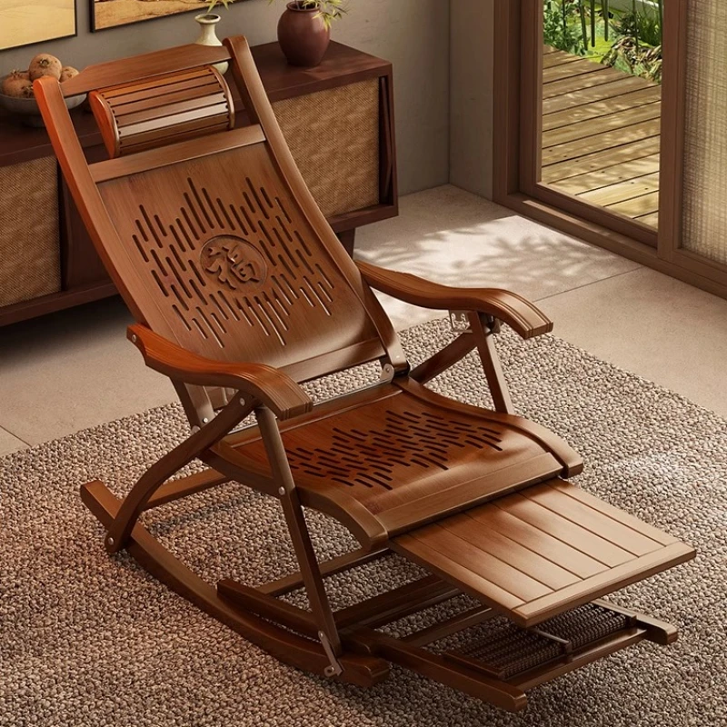 

‌Zero Assembly Rocking Chair, 8-Tilt Recliner with Ottoman, Foldable Bamboo Seat - Breathable Ergonomic Lounge Chair for Patio