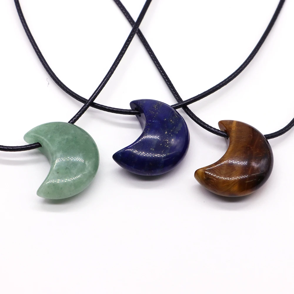 Healing Crystal Moon Shape Pendant Leather Rope Long Necklace Natural Stone Bead Chain Women's Versatile Gemstone Accessories