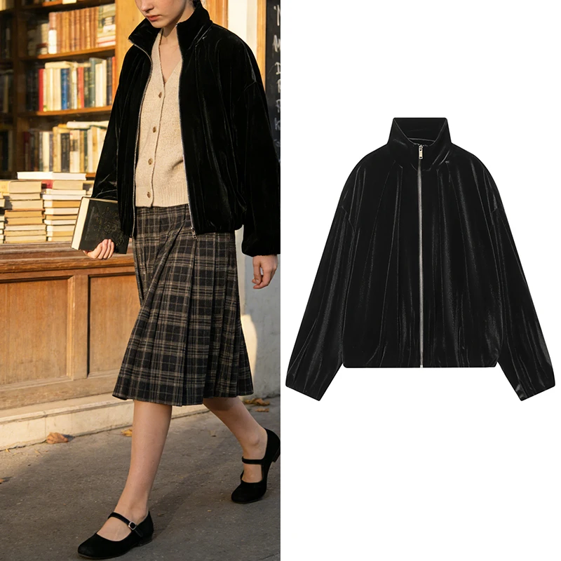 

Women's Black Velvet Zip-Up Jacket - Stand Collar Oversized Puff Sleeve Casual Coat