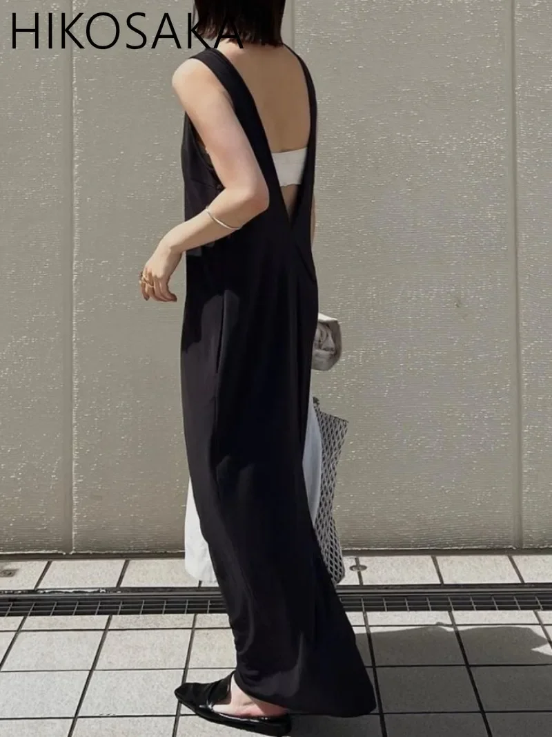 

Japanese Chic Backless V-neck Kniited One-piece Dress Women Solid Loose Split Robe 2024 Early Autumn New Elegant Midi Vestidos