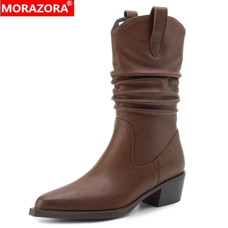 

MORAZORA Plus Size 34-41 New Mid Calf Boots Women Pointed Toe Pleated Autumn Winter Half Western Boots Retro Shoes