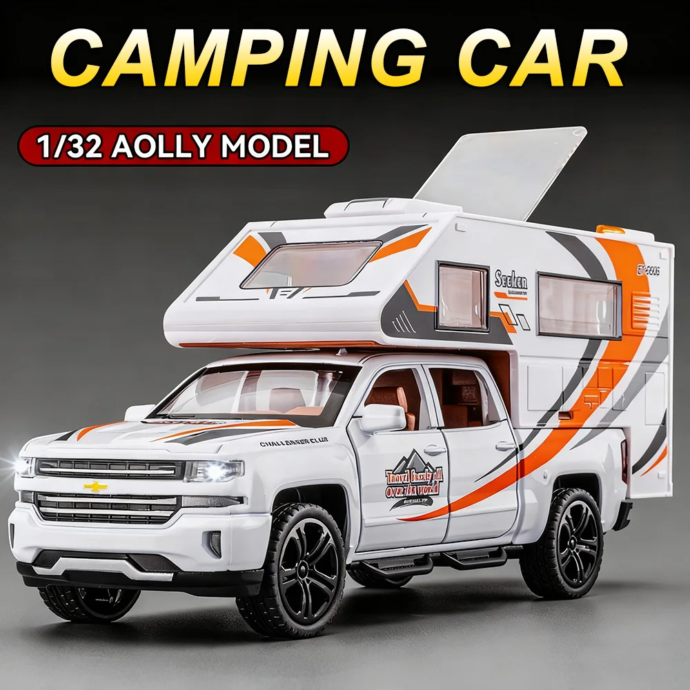 Coche de acampada en miniatura 1:32, juguetes de aleación fundida, puertas turísticas RV, sonido abierto, luz, vehículo extraíble, regalo de cumpleaños para niño
