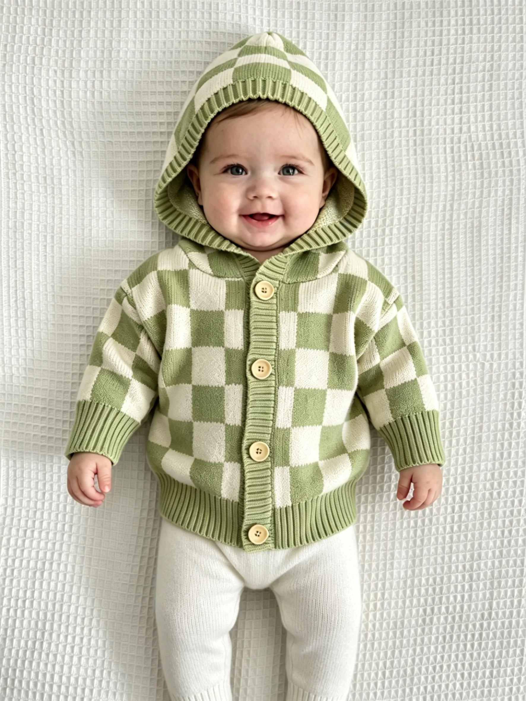 Winter Children Girls Checkerboard Sweater Casual Hooded Cardigan Tops