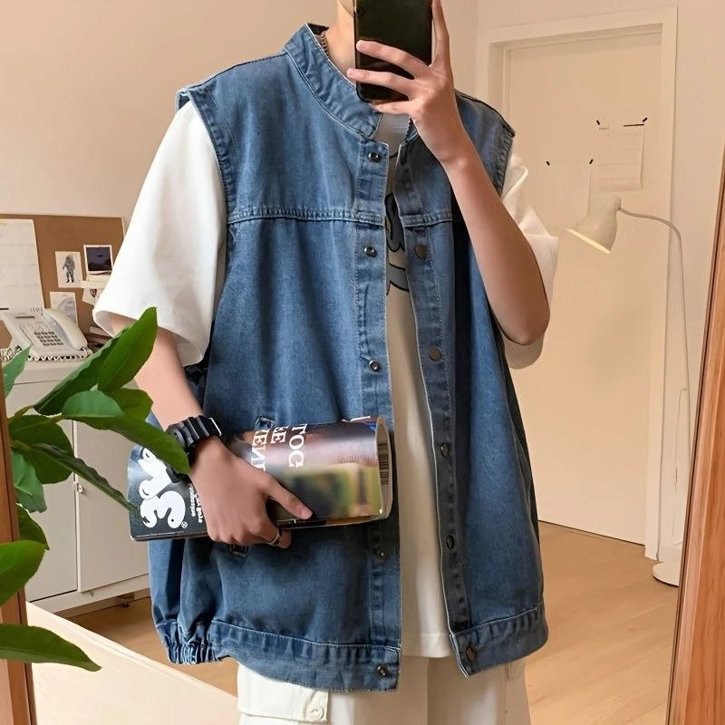 

Men's Stylish Loose Denim Vest Hong Kong Style Trendy Unisex Sleeveless Jean Jacket Fashionable Streetwear Outerwear for Summer