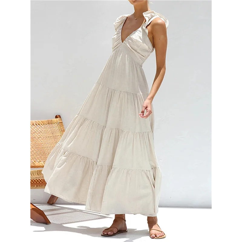 NUOVO-Abito maxi fluido estivo da donna, casual, senza maniche, con scollo a V, smock, prendisole da spiaggia