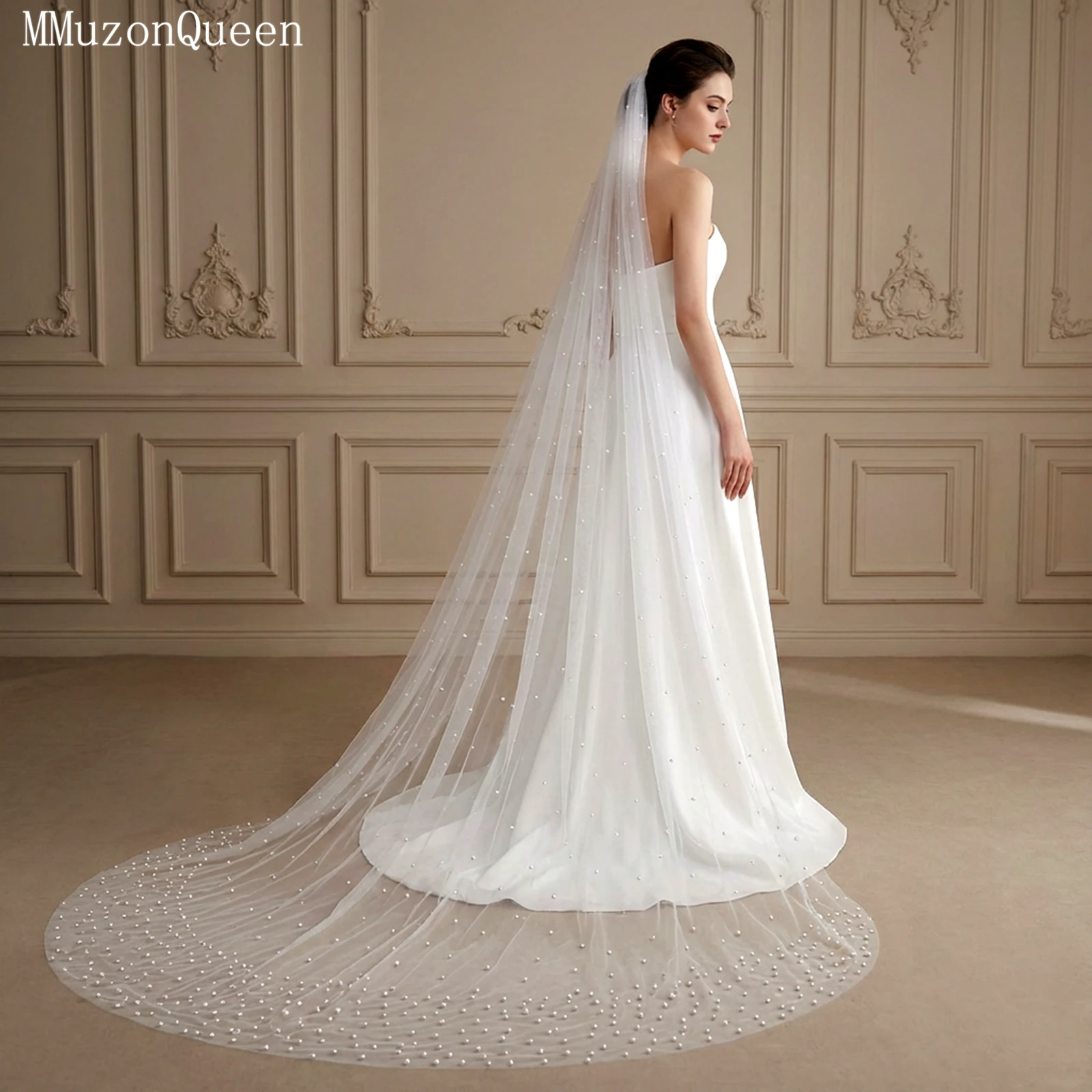

TOPQUEEN Элегантная жемчужная свадебная фата, мягкая однослойная фата из бисера в соборе, простая с расческой, настраиваемая V10
