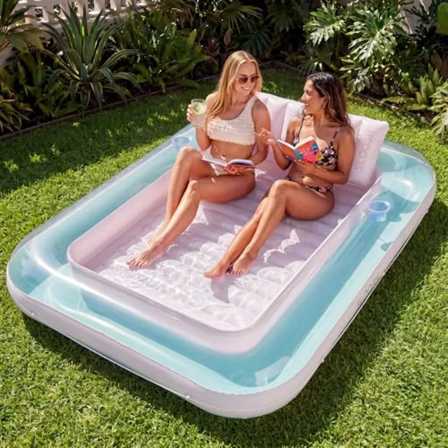 Inflatable Tanning Pool Lounger Float For Outdoor Water Use, Vinyl Material, Blue Color, Extra-Large 85 X 57 With Built-In Pill