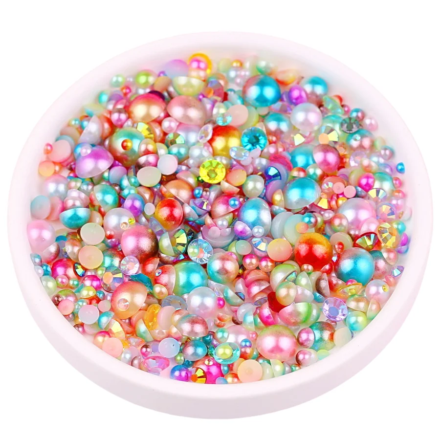 3mm-10mm, 6 Größen, 500 Stück Regenbogen-Flatback-Halbrundperlen mit transparenten AB-Strasssteinen, gemischte Klebeperlen für Nagel-DIY-Verzierungen. – Detail 1