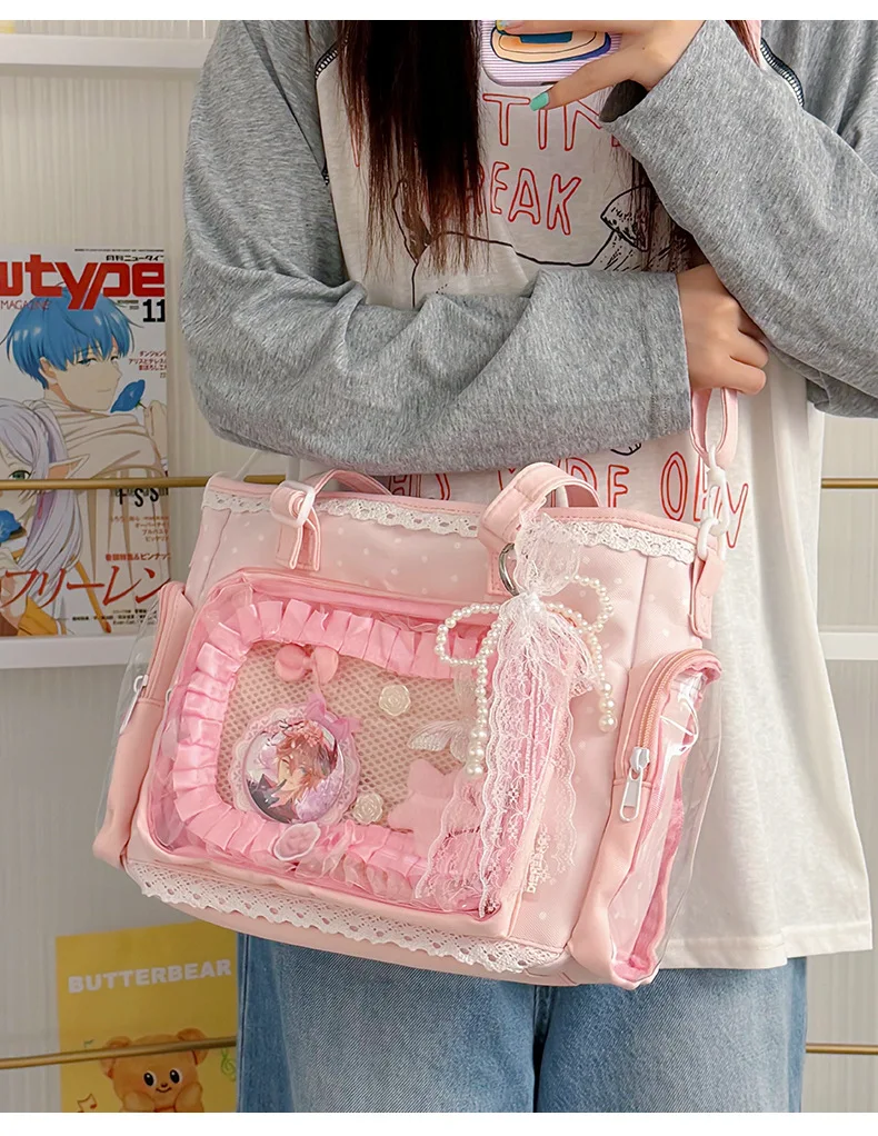 Neue Kawaii Leichte Umhängetasche Anime Transparente Ita-Tasche Damen Schulter-Crossbody-Tasche Modische Polka-Dot-Schleifen-Tragetasche – Detail 14