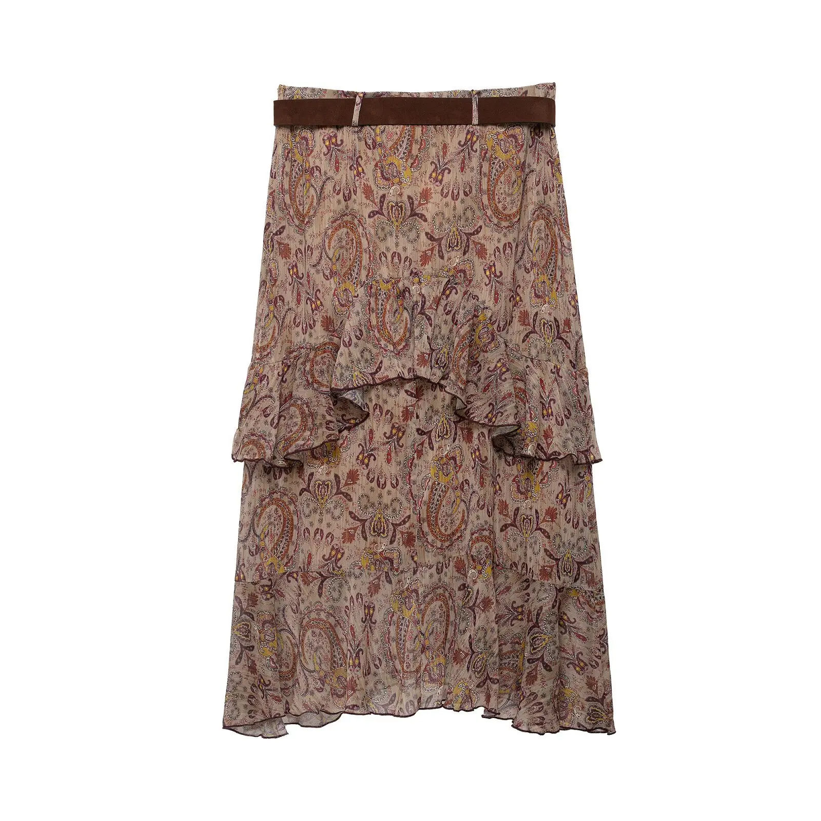 Womens Vintage Paisley Floral Midi Skirt High Waist Belted Double Layer Ruffle Pleated Skirt Retro Boho Chic Casual Bottoms