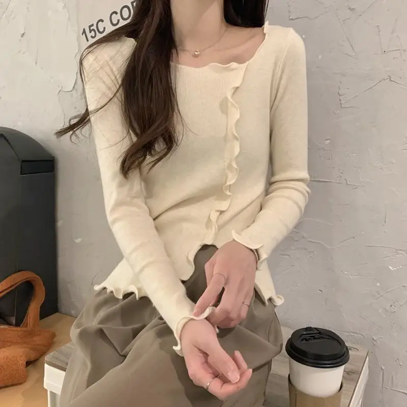 2024 New Autumn Bohemian Elegant Fashion Loose Casual Sweater Solid Color Women's Clothing Knitting Irregular Long Sleeve Tops