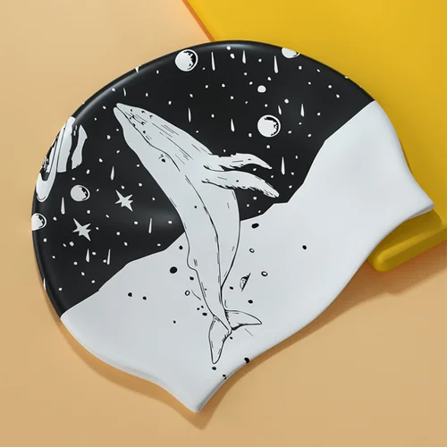 Imagen 2 del producto Gorros de natación de silicona para hombres y mujeres, gorros de natación de gran tamaño, protección para los oídos, gorro de natación con estampado de dibujos animados, accesorios de piscina