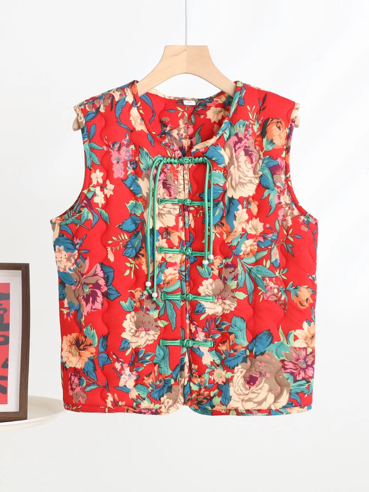 

Новая осенне-зимняя женская хлопковая жилетка в северо-восточном стиле с крупным цветочным узором, этническая, на пуговицах, в китайском стиле, с открытыми плечами, верхняя одежда