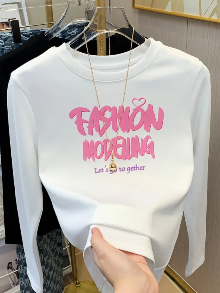 White Long Sve Printed Heart Women's Base irt Inner Wear T-irt Korean Sle Commute Faion Pure Cotton  Knot