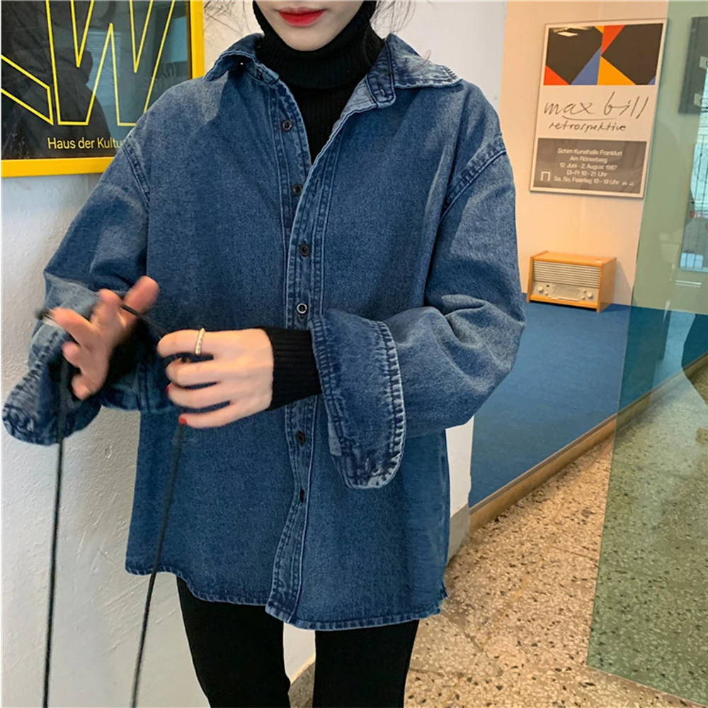 S-5XL Denim Shirt for Women Oversize Turn Down Collar Full Sleeve One Breasted Solid Blouses Spring Female Jean Tops