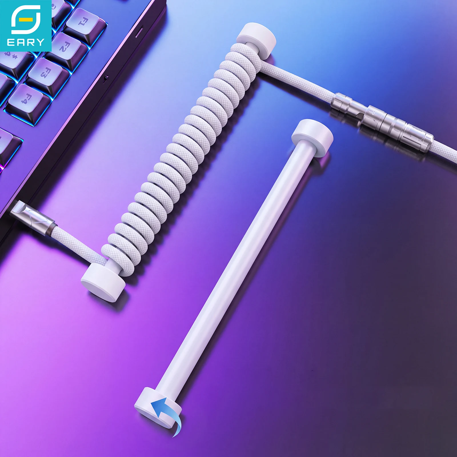 Eary 1.2m Coiled Keyboard Cable USB C to USB-A Type-C Cord for Custom Mechanical Gaming Keyboard with Detachable Metal Aviator