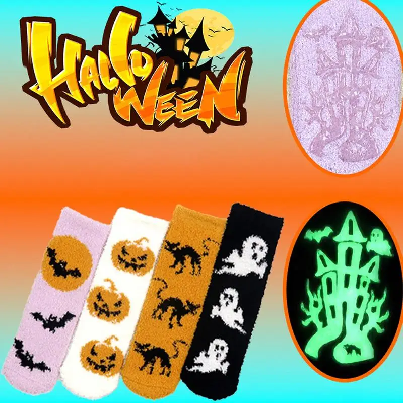 

4 Pairs Halloween Fuzzy Socks Warm Floor Socks Glow-in-the-dark Non-slip Funny Winter Women's Socks For Halloween Party