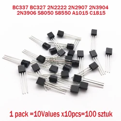 100PCS Transistores Pacote conjunto BC337 BC327 2N2222 2N2907 2N3904 2N3906 S8050 S8550 A1015 C1815 TO-92 10 Valores x10pcs kit Transistor