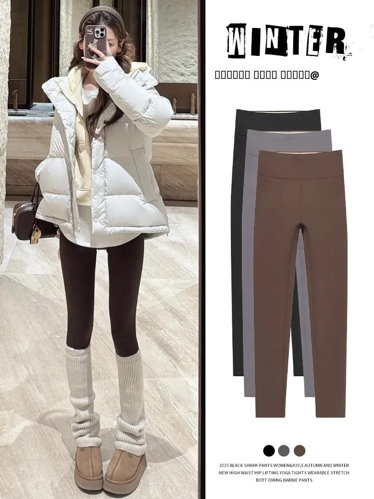 Thiened Fce 요가 바지 여성용 하이 웨이스트 타이트 핏 베이스 레이어 바지 겨울 따뜻한 아크 바지 캐주얼 롱 팬츠