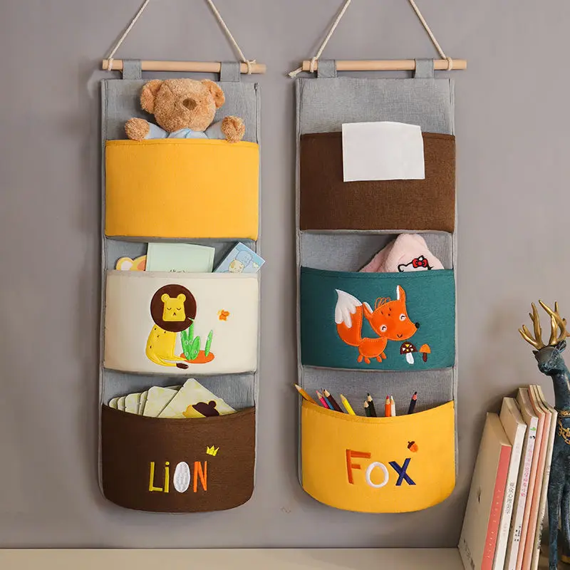

Japanese Korean Cartoon Embroidery 3-Tier Fabric Organizer Hanging Storage for Entrance doors Bedroom & Behind Bathroom Door