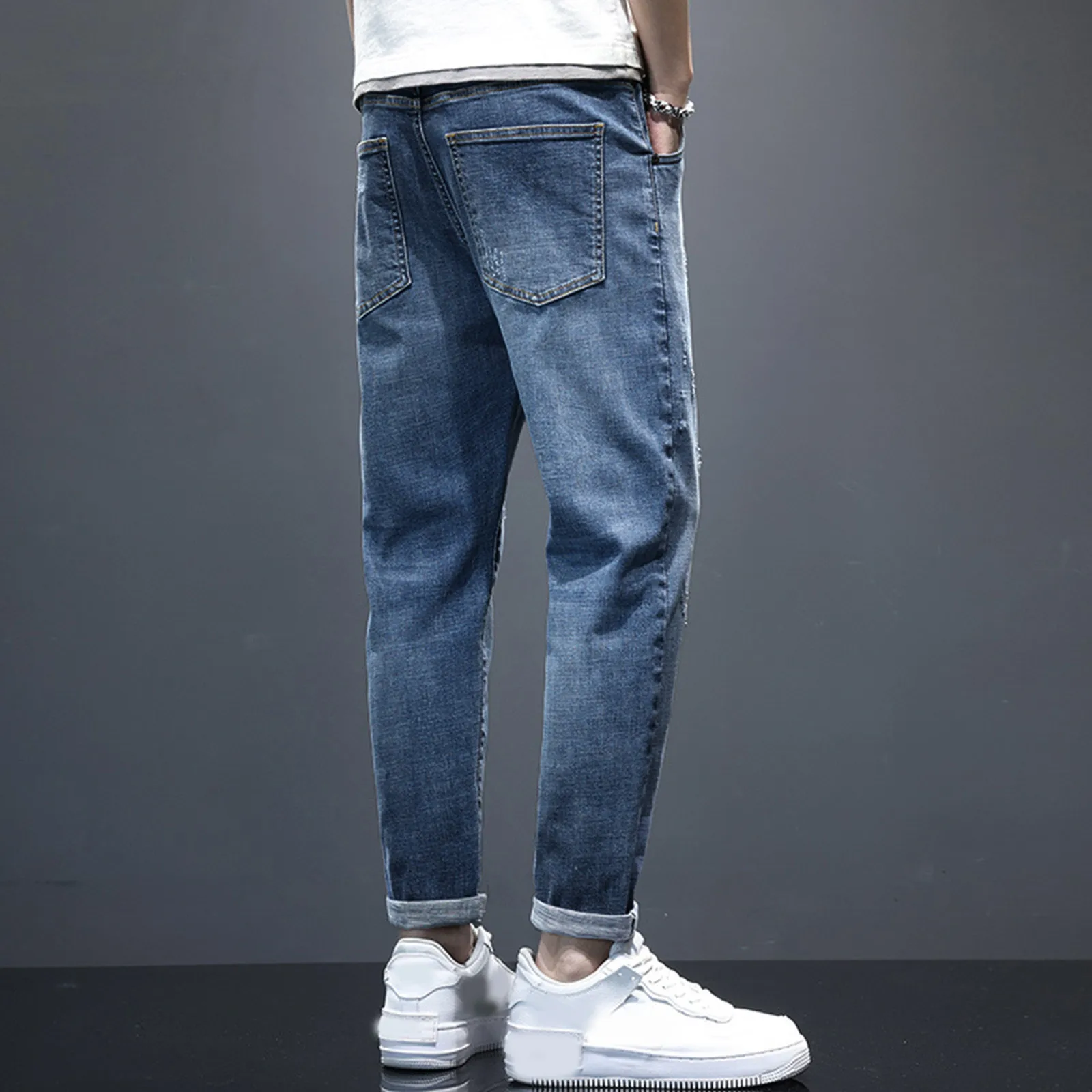 Mens Autumn Winter Casual Pant Sports Pants With Pocket Fashion Jeans Nine Points Pants Casual Slip