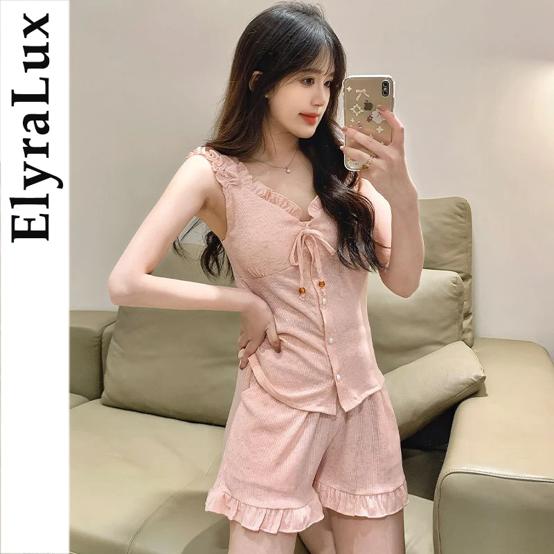 

ElyraLux Sexy Women Underwear Summer Pajama for Woman Two Piece Set Woman Cap Built in Home Wear Setup Ladies Sleeveless