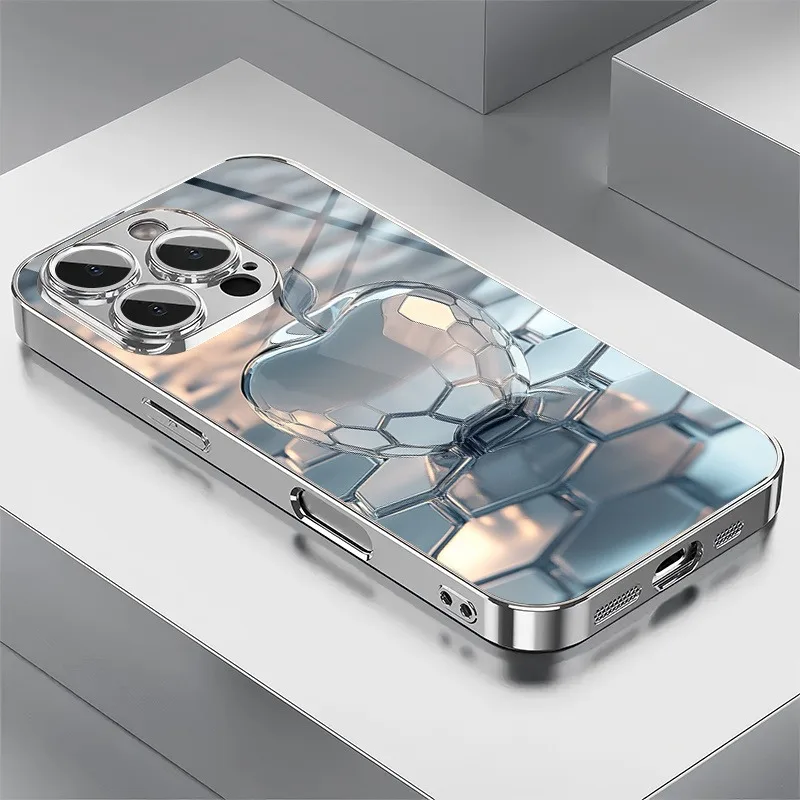 

Honeycomb Silver For Apple Pattern Glass Electroplated Phone Case For iPhone 17 16 15 14 13 12 11 Pro Max Plus 16E 17 Air Cover