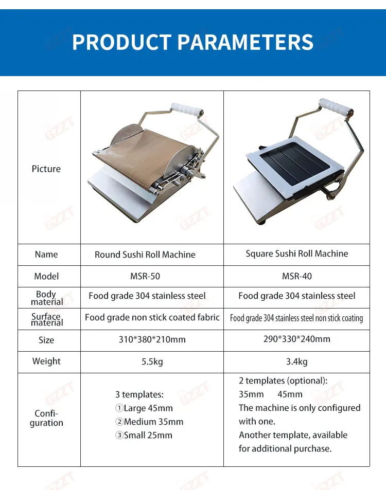 GZZT MSR Commercial Roll Sushi Maker California Roll Stainless Steel Sushi Machine Round/Square Sushi forming Machine Sushi Tool