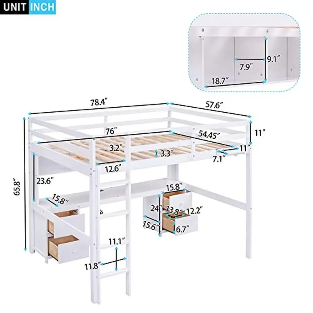 Full Size Loft Bed with Bookshelf Desk Storage Drawers Bedside Tray Charging Station Solid Wood Frame Modern Design White 600lb